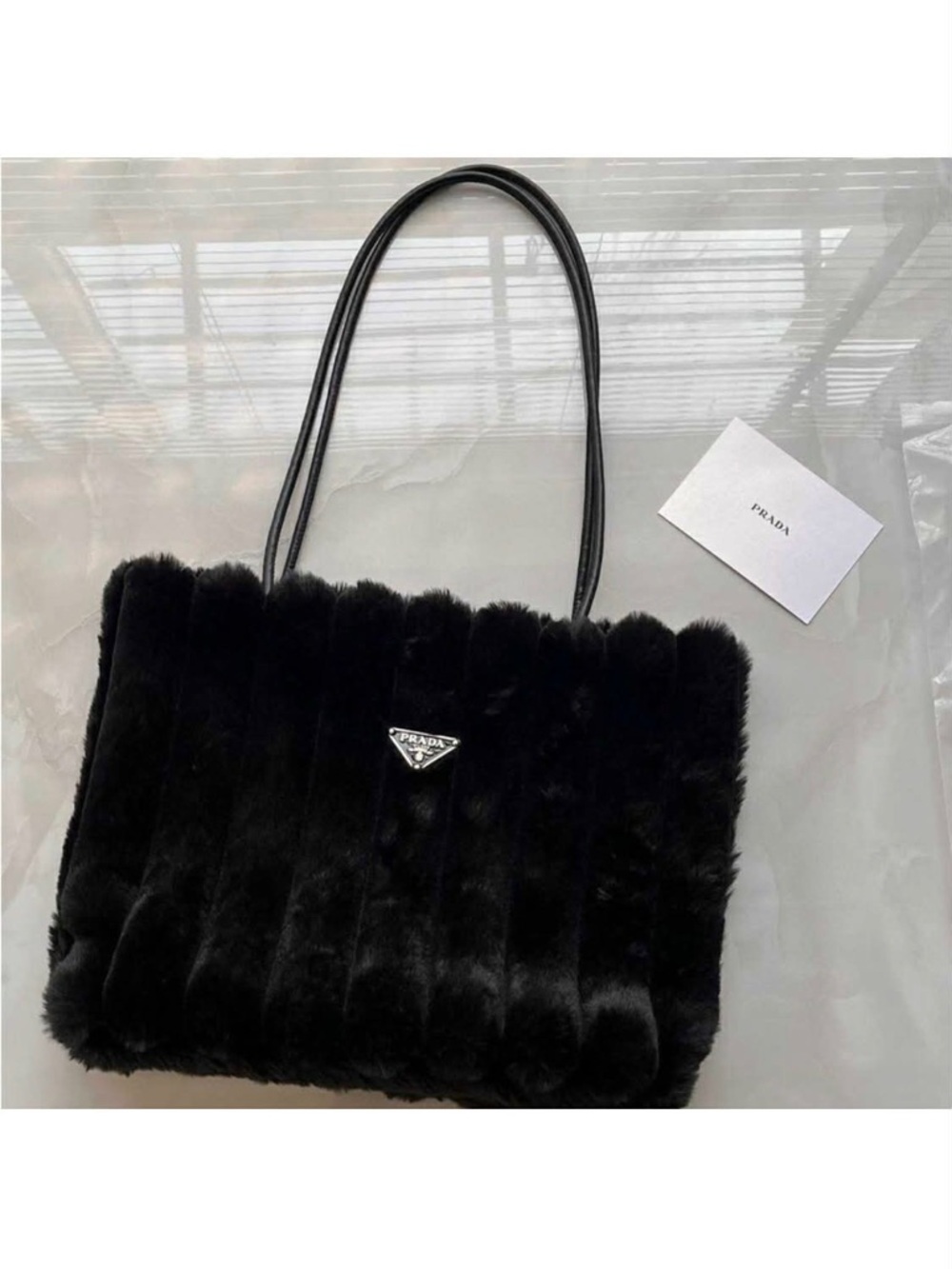 Prada VIP GWP Black Faux Fur Vertical-Rib Tote with Logo Plaque - Picture 5 of 8